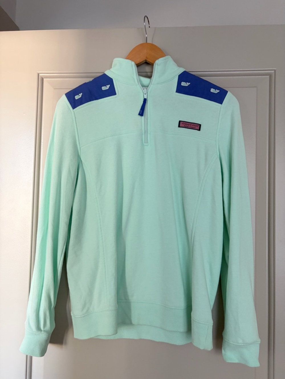 Vineyard Vines Mint Green Quarter-Zip Pullover with Pink Whale Logo
